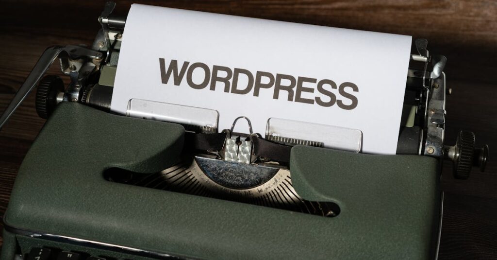 pexels-photo-12220444-12220444 Close-up of a vintage typewriter with 'WordPress' typed on white paper.