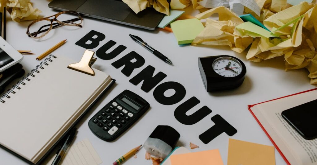 pexels-photo-8386516-8386516 Image of a cluttered desk with burnout theme, featuring crumpled papers, calculator, and clock.
