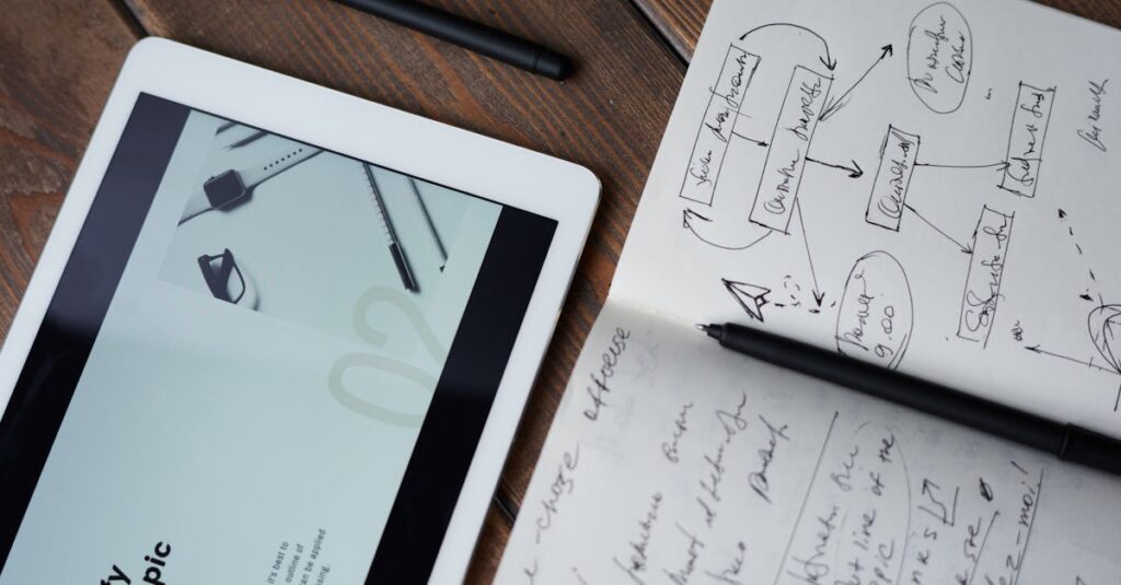 pexels-photo-3183170-3183170 Digital and handwritten brainstorming tools on a wooden desk, ideal for business and study contexts.